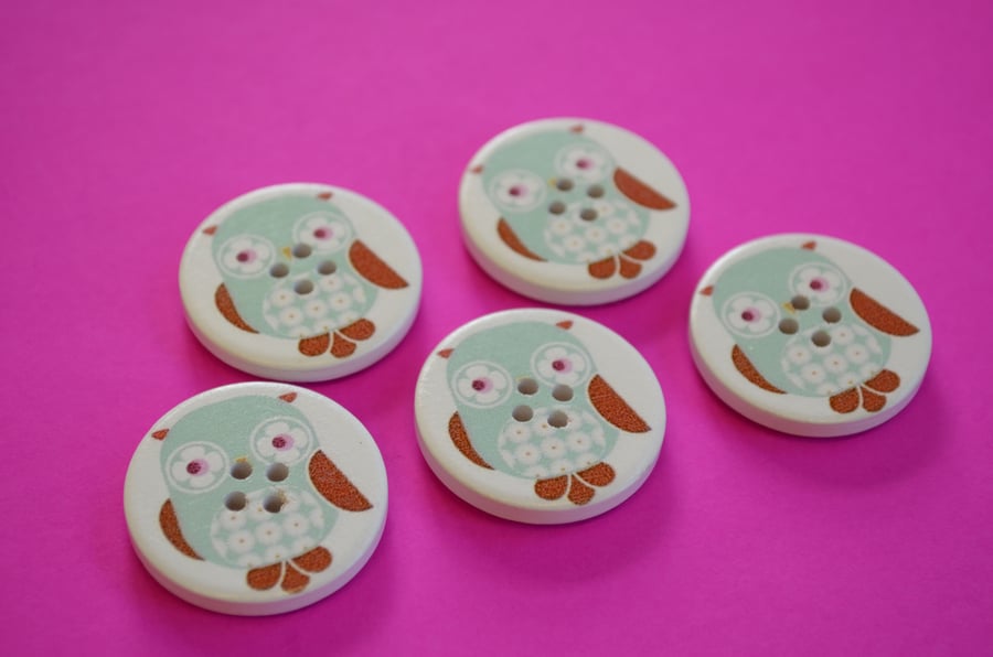 30mm Wooden Owl Buttons Aqua Brown 5pk Bird (LOW4)