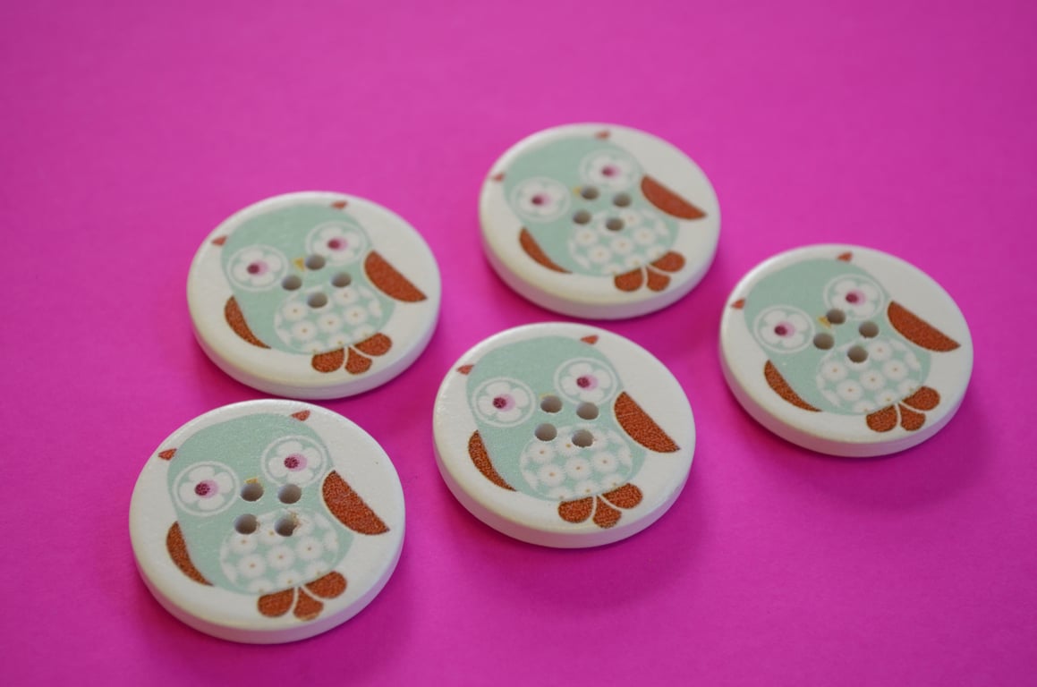 30mm Wooden Owl Buttons Aqua Brown 5pk Bird (LOW4)