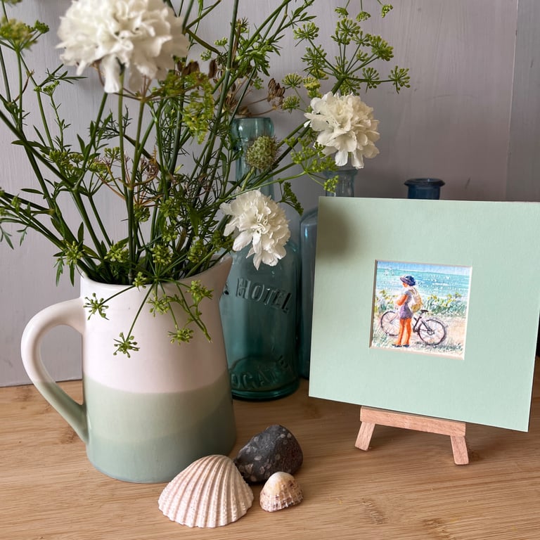 Lady with Bike, a tiny original painting