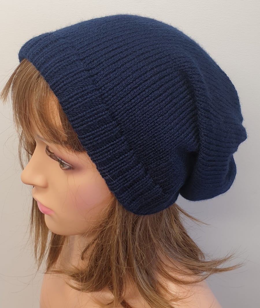 Navy blue knitted beanie hat