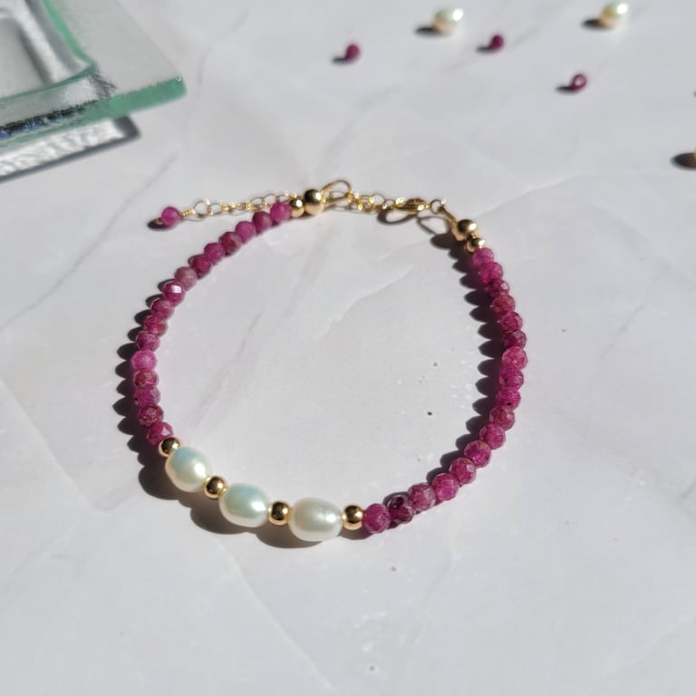 Ruby and Pearl Bracelet 14kt Gold Filled, July Birthstone Bracelet