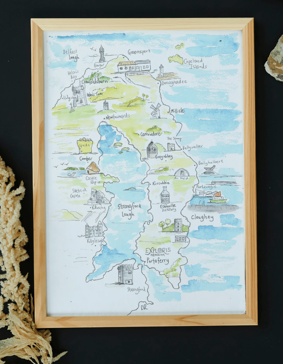 Ards Peninsula Illustrated map Print. A4 size.