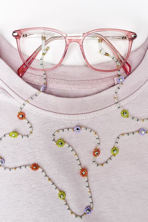 Colourful Flower Beaded Glasses Chain with Dalmatian Jasper – Handmade Eyewear A