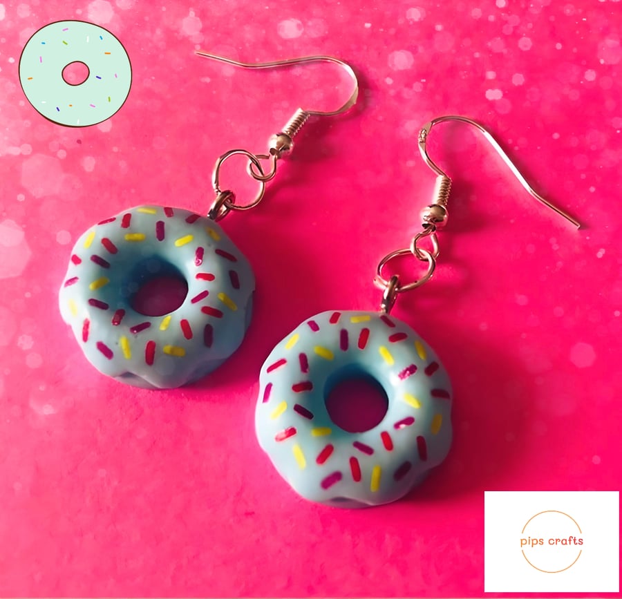 Colourful Doughnut Earrings Blue Sprinkles, 925 Silver Hooks, Fun Jewellery
