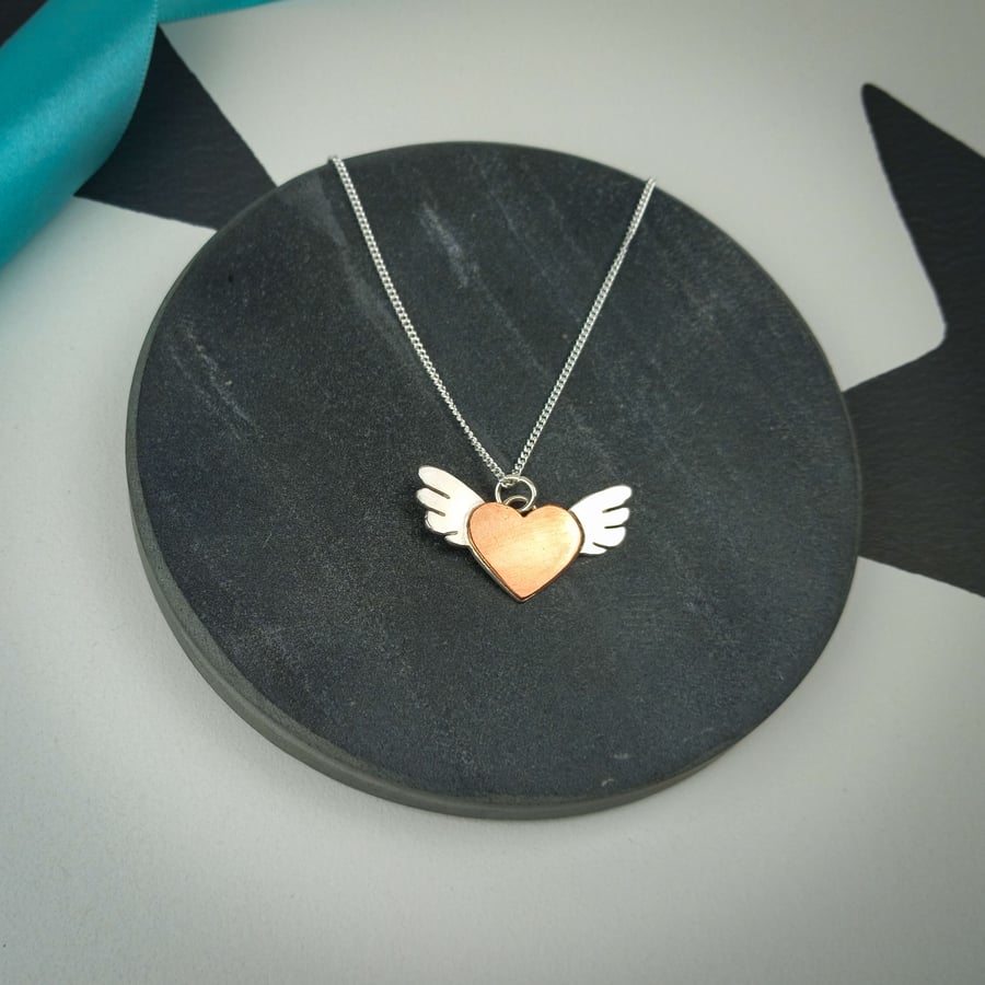 Winged Heart Pendant. Sterling Silver and Copper