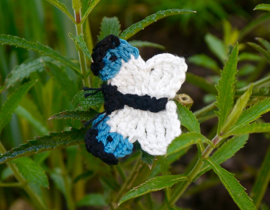 Crochet Butterfly Brooch, Blue and White