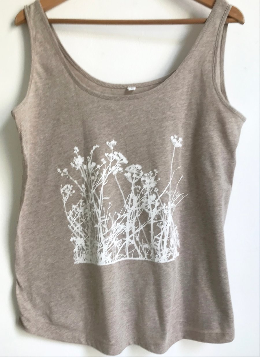 Wild Meadow Plants womens vest organic cotton blend natural with white print