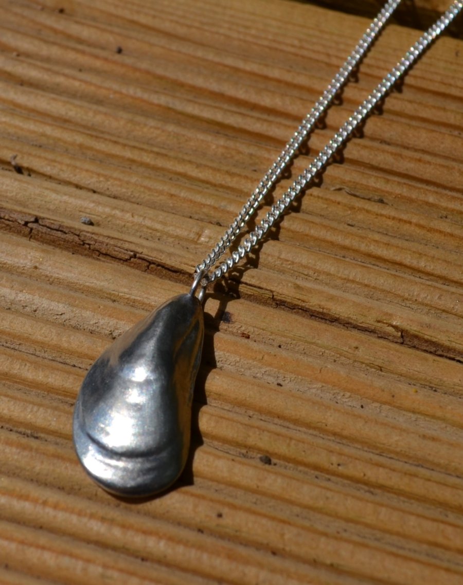 Mussel shell pewter pendant necklace with sterling silver chain