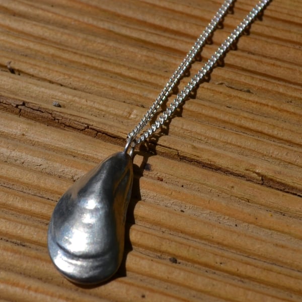 Mussel shell pewter pendant necklace with sterling silver chain