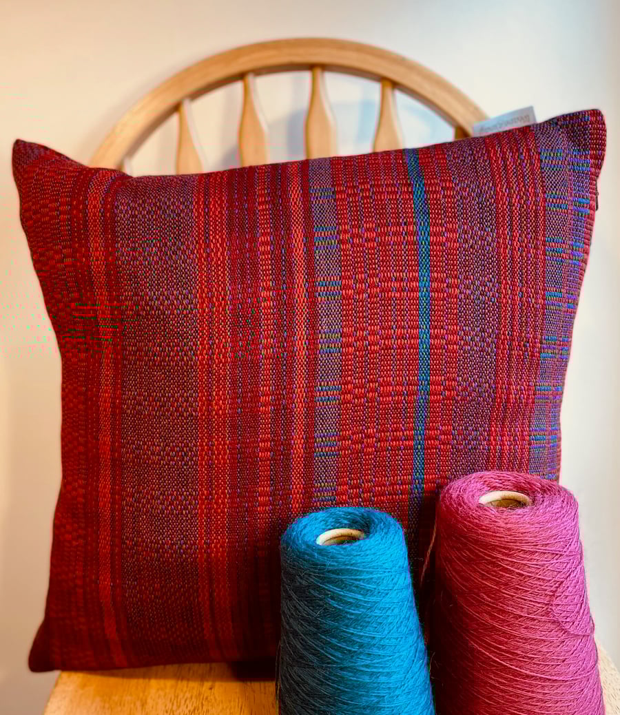 Red & Blue 2: Hand woven wool cushion , designed and made by Yvonne Skelton