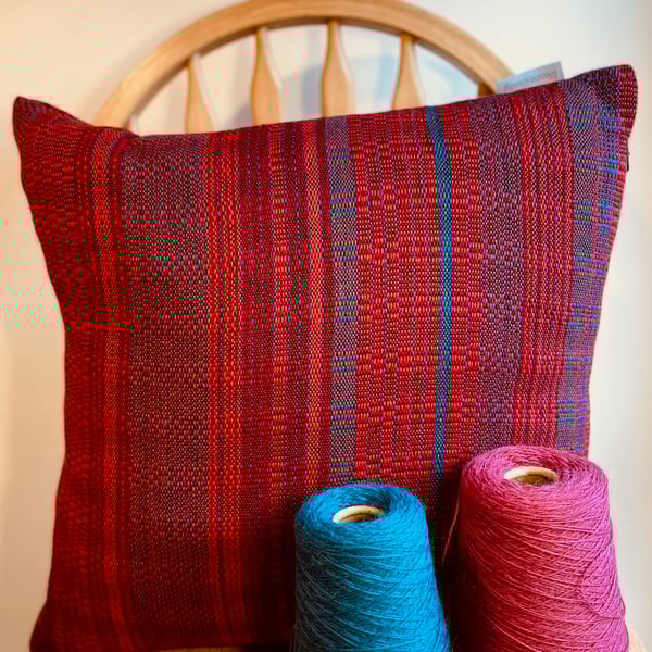 Red & Blue 2: Hand woven wool cushion , designed and made by Yvonne Skelton