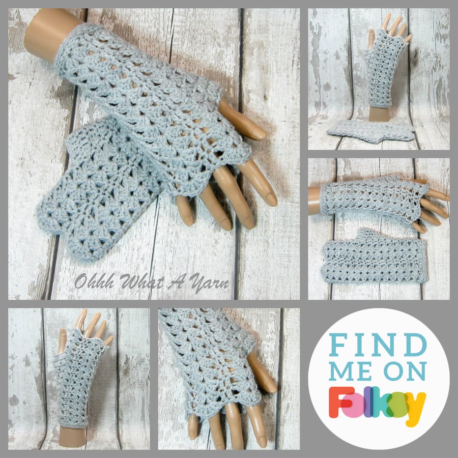 Grey lace ladies crochet gloves, finger less gloves, texting gloves.