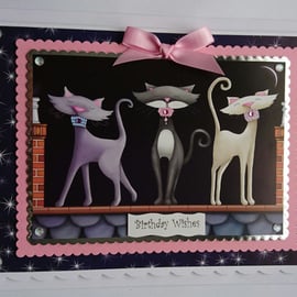 Birthday Card Cute Pretty Posh Cats On A Roof Night Sky 3D Luxury Handmade Card 
