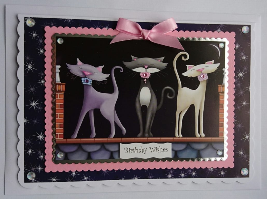 Birthday Card Cute Pretty Posh Cats On A Roof Night Sky 3D Luxury Handmade Card 