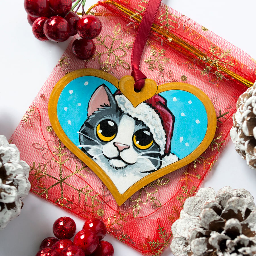 Hand Painted Grey Tabby Cat Christmas Tree Decoration
