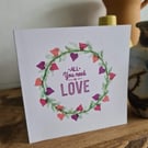 Handpainted watercolour wreath anniversary valentine card