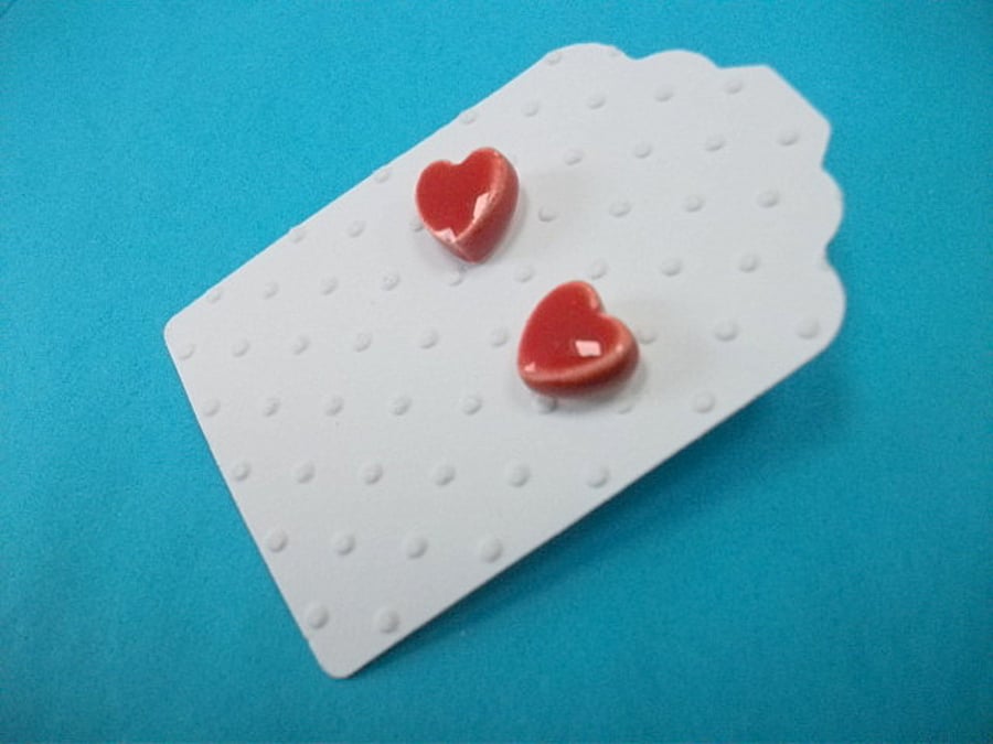 "Love"  Red heart ceramic stud earrings - sterling silver