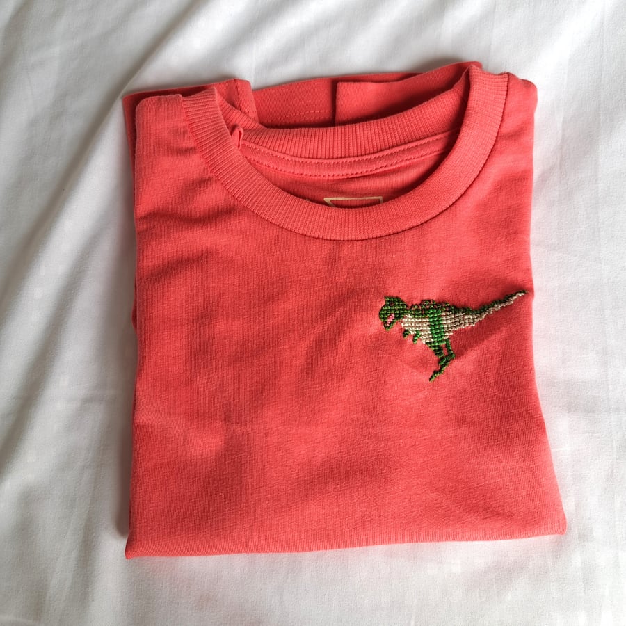 Dinosaur, T-rex,  T-shirt , age 2-3 years, hand embroidered
