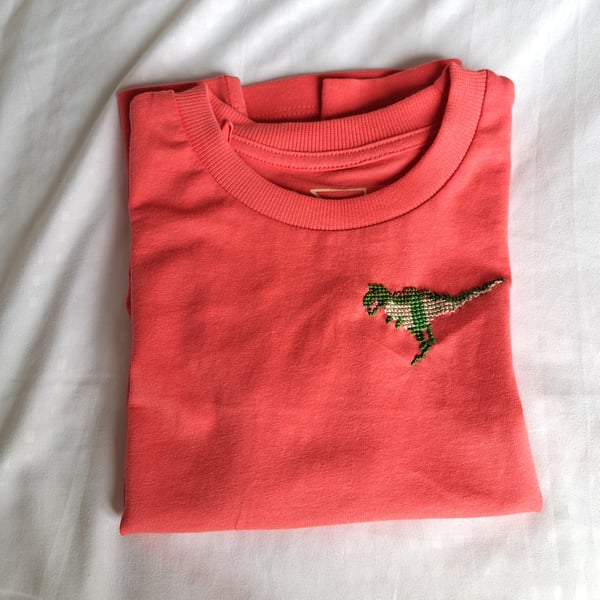 Dinosaur, T-rex,  T-shirt , age 2-3 years, hand embroidered