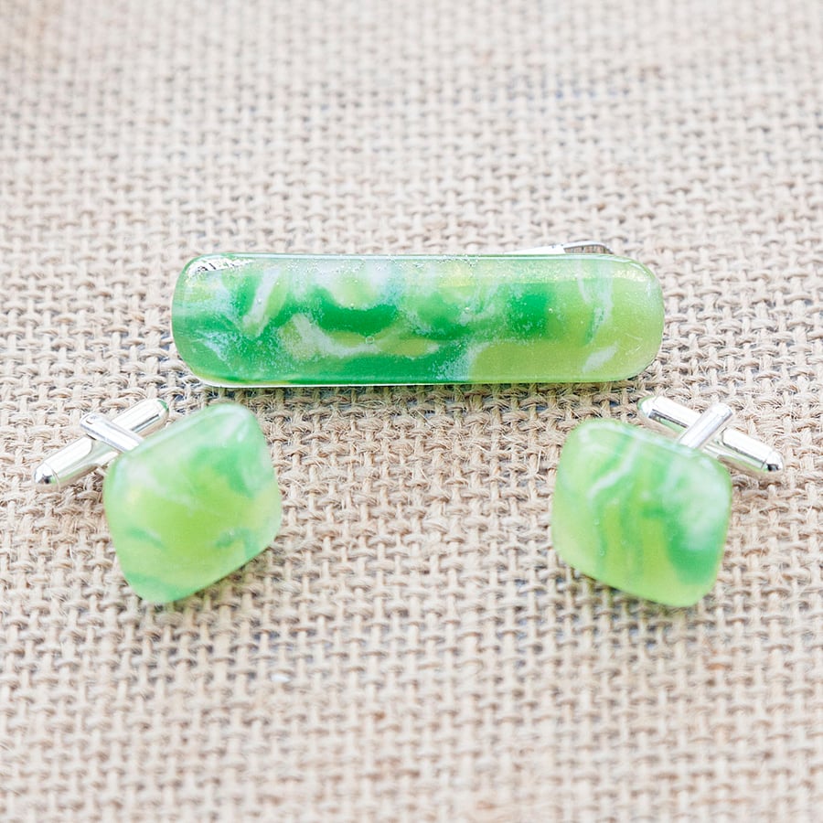Marbled Green Fused Glass Cufflink and Tie Bar Set