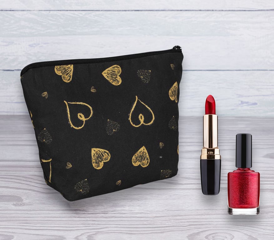 Cosmetic Bag, Make up Bag, Gold Hearts Design, Cosmetic Bag-127