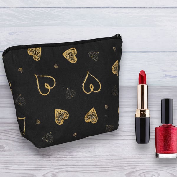 Cosmetic Bag, Make up Bag, Gold Hearts Design, Cosmetic Bag-127
