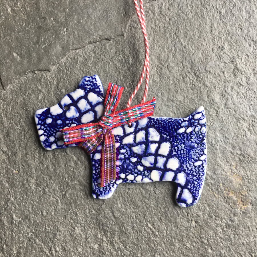West highland Terrier blue Christmas decoration Stewart Tartan westie