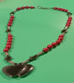 Handmade red beaded necklace black two heart pendant - Image 1