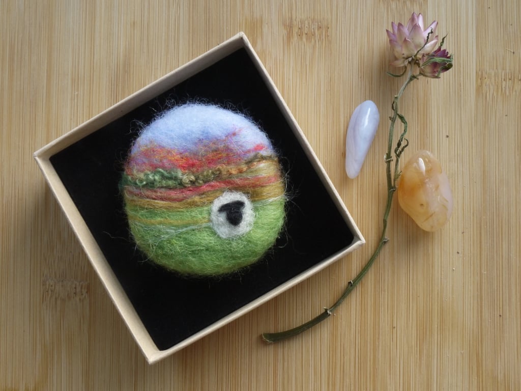 Needle felted Scenic Sheep Brooch in 4 designs
