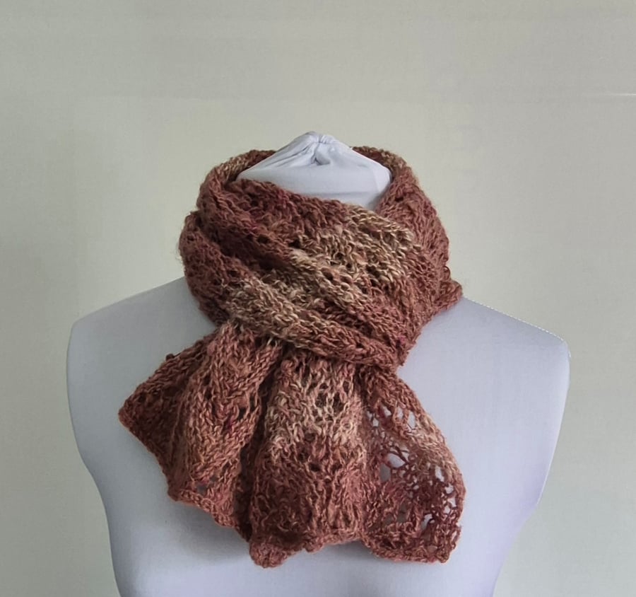 51. Alpaca Handknitted Lacy Scarf. In Pink and Natural Shades.  Measures 47"x 8"