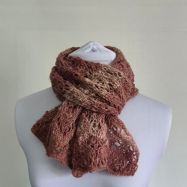 51. Alpaca Handknitted Lacy Scarf. In Pink and Natural Shades.  Measures 47"x 8"