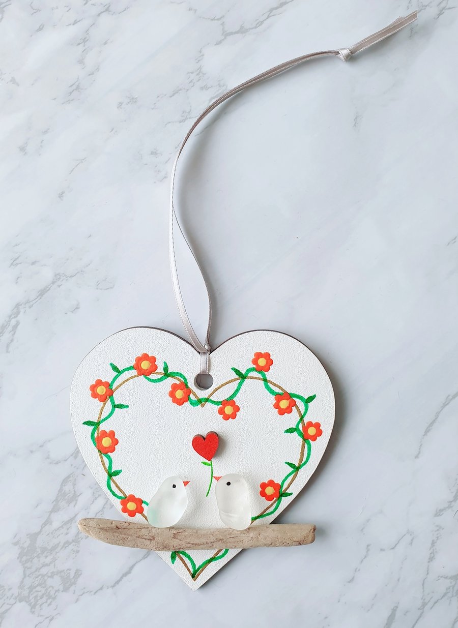 Seaglass and driftwood bohemian LOVEBIRDS on white background 