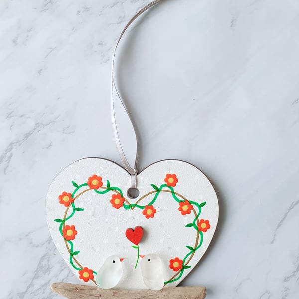 Seaglass and driftwood bohemian LOVEBIRDS on white background 