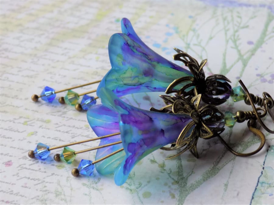 Blue Purple Green Multicolour "IRISES" Hand Painted Lucite Flower Earrings