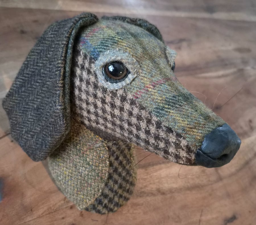 Faux dachshund wall mount in wool tweed and tartans