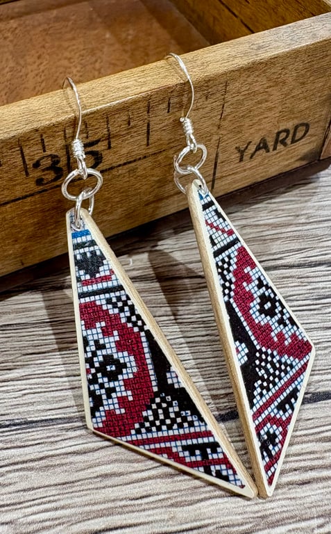 Upcycled wood earrings - cross stitch