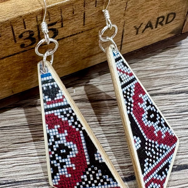 Upcycled wood earrings - cross stitch