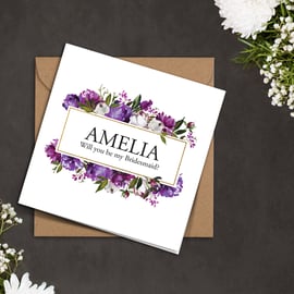 PERSONALISED pink purple peonies golden frame Bridesmaid wedding invitation card