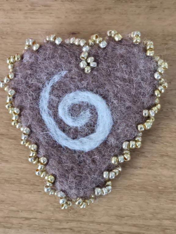 Felted brooch, seed bead brooch, heart brooch