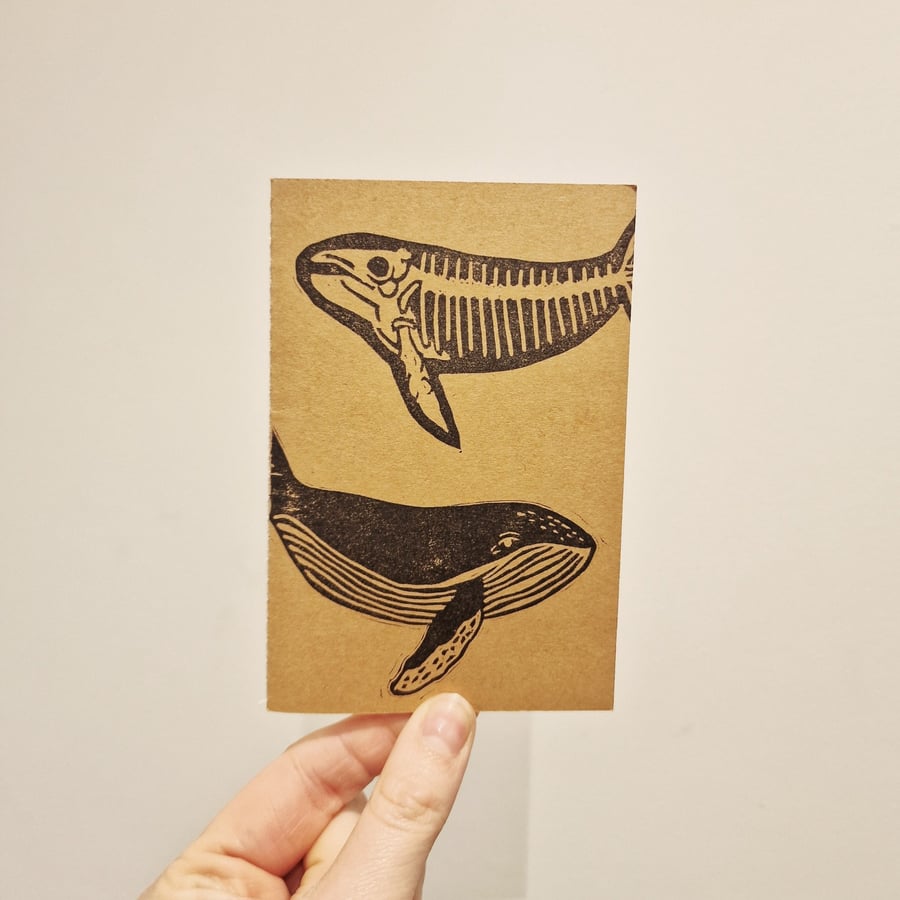 Whale and Whale Skeleton Lino Printed Pocket Notebook