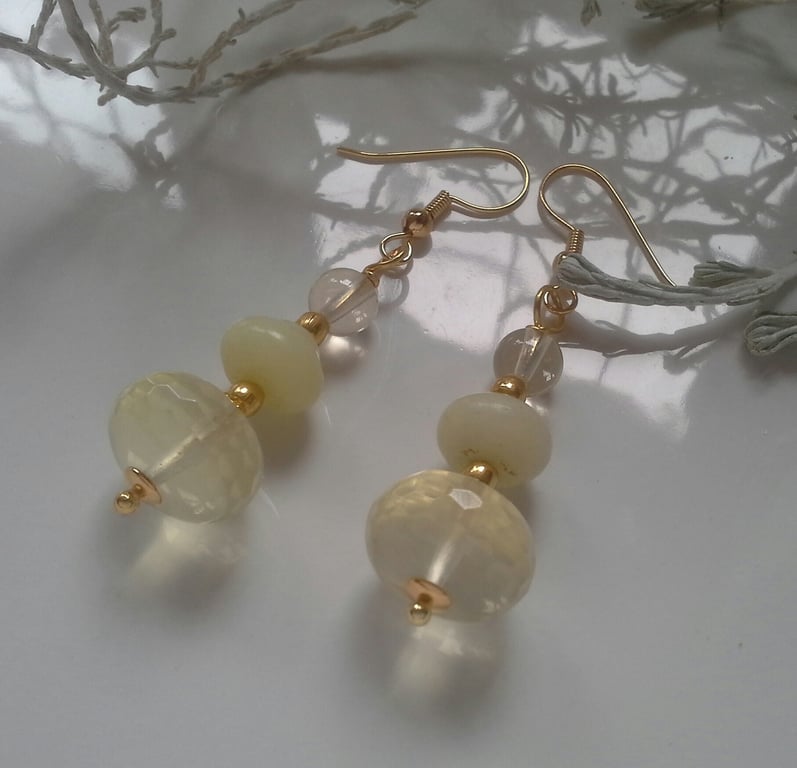 Designer Lemon Quartz & Yellow Chinese Jade Earrings  Gold Plated