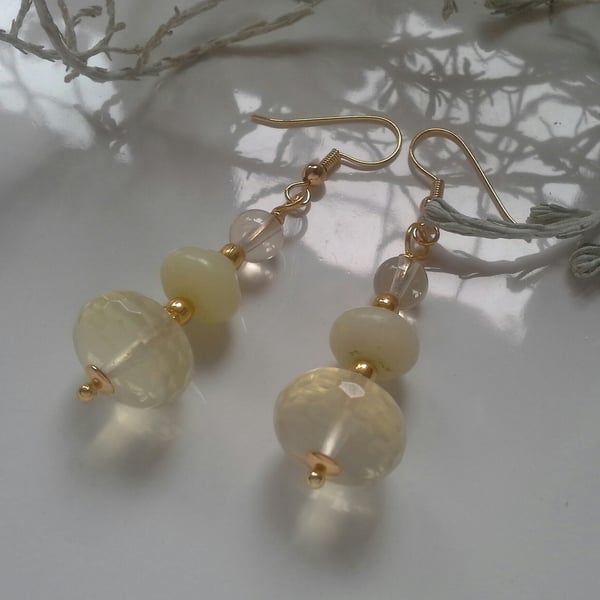 Lemon Quartz & Yellow Chinese Jade Earrings  Gold Plated