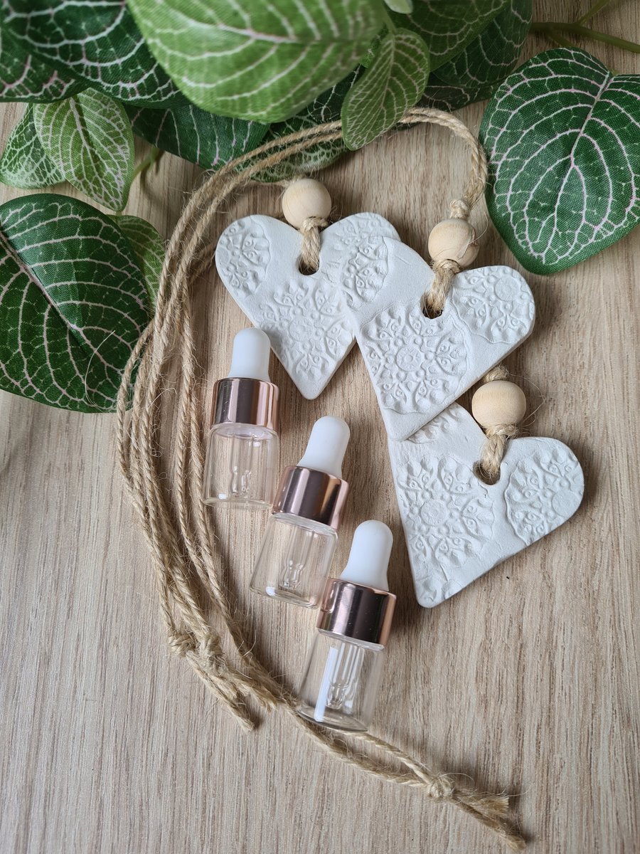 Clay oil diffuser set of 3 heart hanging decorations home decor gift idea