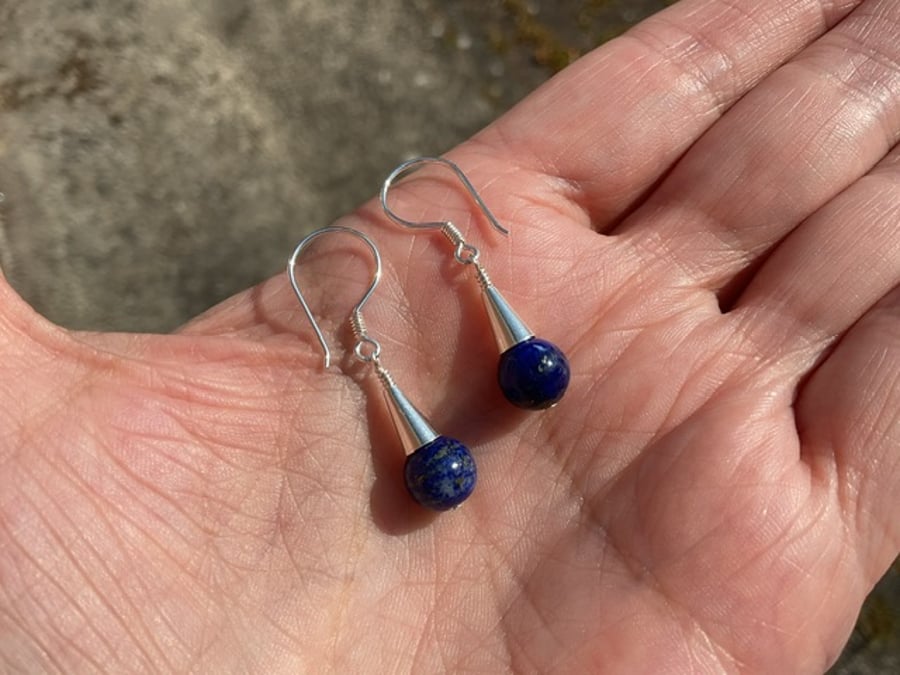 Lapis Lazuli Sterling silver dainty cone drop earrings