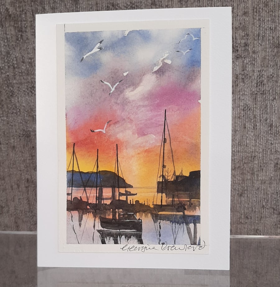 Harbour Sunrise. Blank Card.  Original Watercolour Painting 260134