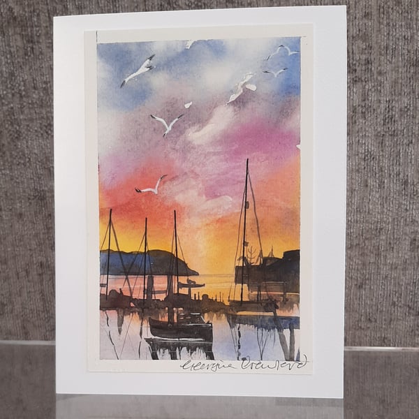 Harbour Sunrise. Blank Card.  Original Watercolour Painting 260134