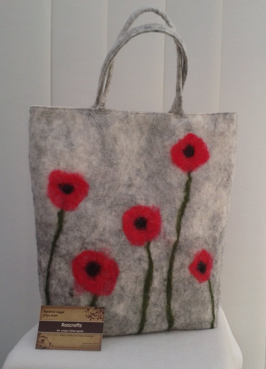 Nuno felted Tote Bag, handbag, shopping bag, grey with poppy detail