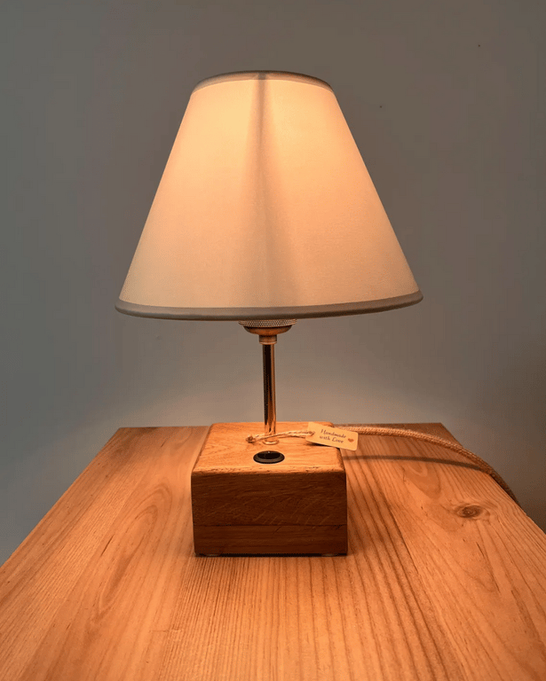 Handmade Oak Bedside Lamp with Fabric Shade