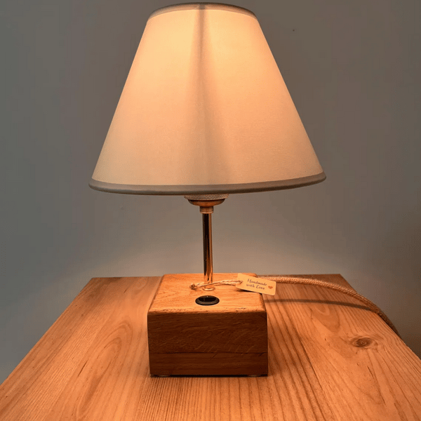 Handmade Oak Bedside Lamp with Fabric Shade