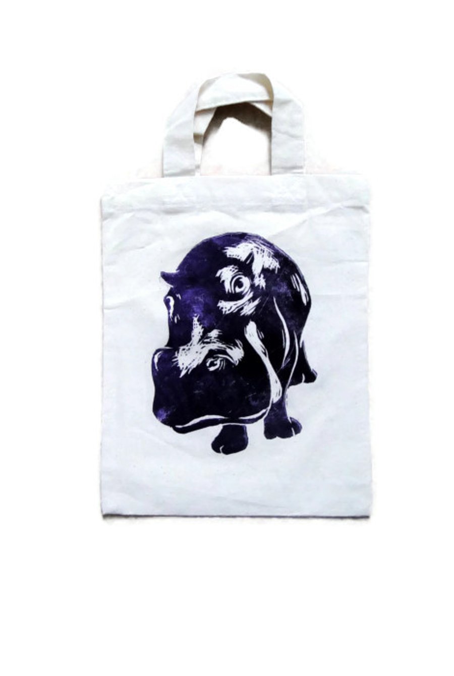  Purple Hippo Linocut Hand Printed Cream Mini Tote Shopping Bag Children
